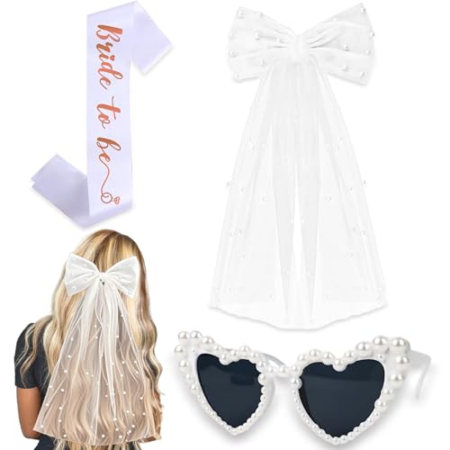 3 Stück JGA Accessoires Frauen Schleier Braut Und Bride to be Schärpe, Herz Sonnenbrille, Junggesellenabschied Frauen Deko, Bride to be Deko für Junggesellenabschied Brautparty und Hochzeitsfotografie von Vimmvid