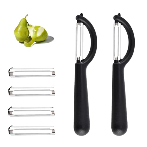 6 Stück Kartoffelschäler Set, 2 Stück Kartoffelschäler mit 4 Edelstahl-Ersatzklingen, Schäler Küche für Obst und Gemüse, Universell Einsetzbar Schwarz Gemüseschäler Streifen Modern Orangen Schäler von Vimmvid