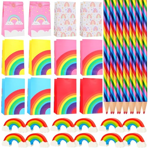 Vimmvid 12 Stück Papiertüten Kindergeburtstag, 12 Aufkleber mitgebsel, 12 Regenbogen Stifte und 12 Gummiwischer Regenbogenstifte Kinder für Geburtstagsgeschenke Geschenke für Jungen Und Mädchen von Vimmvid