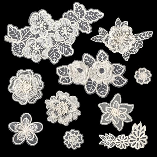 10 Stück Blumen Spitze bestickte Applikation Spitze Blume Patches Organza Patches Blumen Applikation für DIY Hochzeitskleid Nähen Handwerk Kleidung Jeans Jacken Taschen (beige) von Vin Beauty