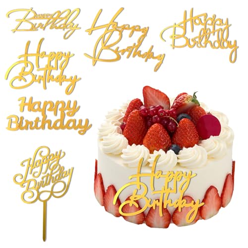 6Stück Goldene Happy Birthday Kuchenaufsätze Acryl Kuchenaufsätze Glitzernde Seiten Spiegel Cupcake Aufsätze Geburtstagsparty Kuchen Dekorationen Kuchen Einsätze Dekorationszubehör für Jubiläumsfeier von Vin Beauty