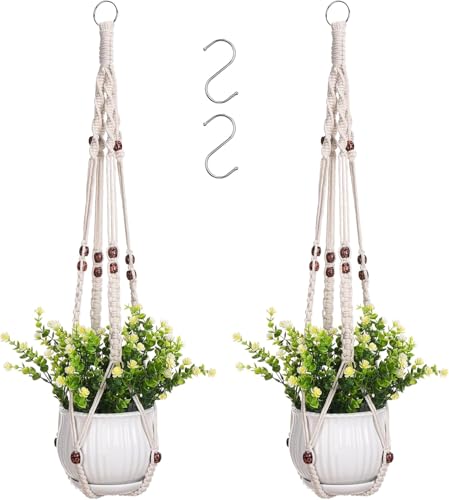 Vinanker Makramee-Pflanzenaufhänger, hängender Pflanzkorb mit Holzperlen, dekorativer Boho-Blumentopfhalter für drinnen und draußen, elfenbeinfarben, 89,9 cm, 2er-Set (Töpfe nicht im Lieferumfang Vinanker Makramee-Pflanzenaufhänger, hängender Pflanzkorb mit Holzperlen, dekorativer Boho-Blumentopfhalter für drinnen und draußen, elfenbeinfarben, 89,9 cm, 2er-Set (Töpfe nicht im Lieferumfang von Vinanker