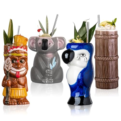 Vinbcorw Tiki-Tassen Set von 2/4- Großer Papagei Cocktail Tiki Brille Hawaiian Party süße exotische Cocktailgläser Hawaiianer Keramikbecher,B von Vinbcorw