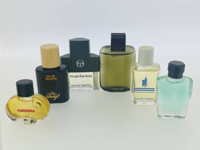Set 6 Vintage Miniatur Parfum, Zino Davidoff, Chevalier De Crignis, Sergio Tacchini, Quorum Puig, Carrera, Body Guard, Herren Power, Marken Team von VintagGlamour