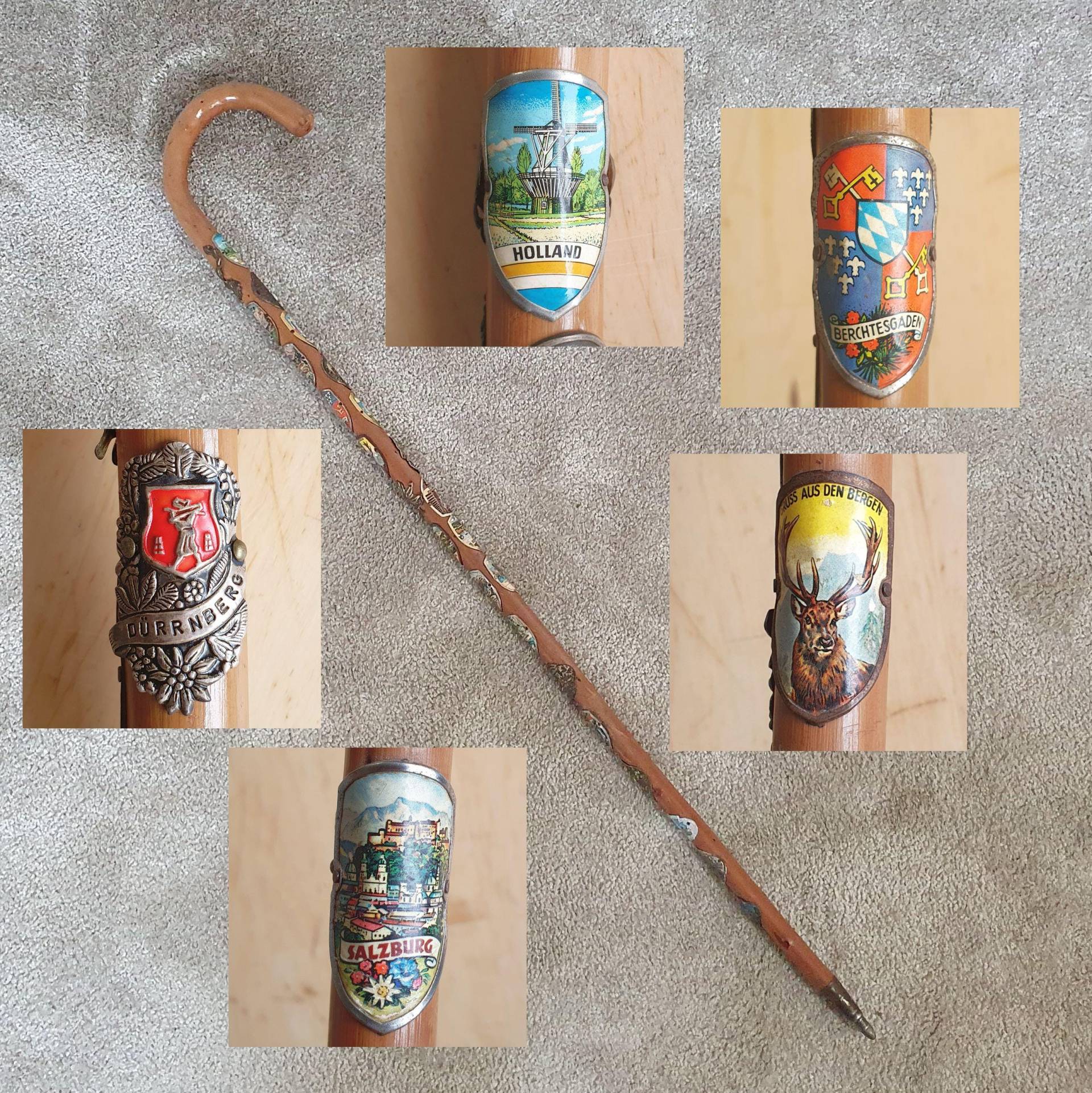Vintage Gehstock Mit Metallabzeichen | 24 Aus Österreich Und Deutschland, Eifel, Tirol Holland Vintage Gehstock Mit Metallabzeichen | 24 Aus Österreich Und Deutschland, Eifel, Tirol Holland von VintageDeBlijeEkster