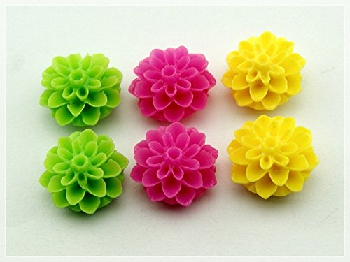 Vintageparts 6 Cabochon Blume im Set in pink, gelb und grün, 15 mm, DIY-Schmuck von Vintageparts FACHHANDEL FÜR SCHMUCKZUBEHÖR