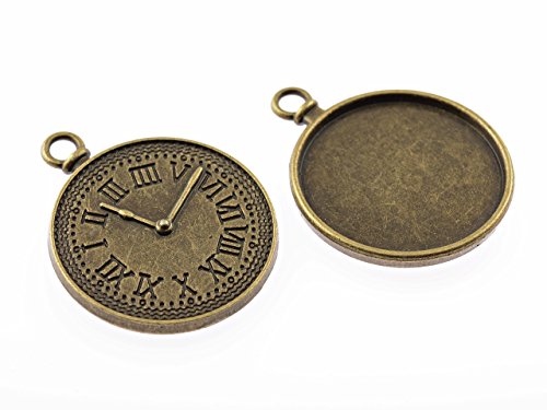 Vintageparts 2 Fassungen rückseitig mit Einer Uhr in 3D geprägt in antik Bronze für 25 mm Cabochons, DIY-Schmuck von Vintageparts FACHHANDEL FÜR SCHMUCKZUBEHÖR