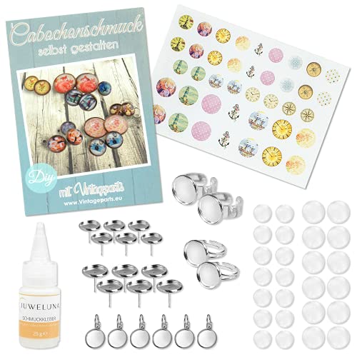 Vintageparts Cabochon Bastel-Set - Anfänger-Set Jette für Schmuck-Herstellung & DIY-Projekte - Deko & Foto-Schmuck selber Machen - Silberfarben von Vintageparts FACHHANDEL FÜR SCHMUCKZUBEHÖR