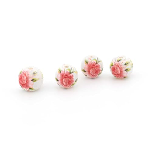 Vintageparts Glasperlen mit Rosenmotiv 8 mm weiß rund Schmuckperlen bedruckt 4 Stück Bastelperlen für Armbänder Ketten DIY Schmuck von Vintageparts FACHHANDEL FÜR SCHMUCKZUBEHÖR