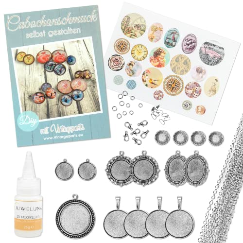 Vintageparts Set KLARA Schmuckzubehör Cabochonset "Vintage" für Einsteiger in silberfarben mit über 80 Teilen: Cabochons, Ketten und Motiven zum Schmuck basteln von Vintageparts FACHHANDEL FÜR SCHMUCKZUBEHÖR