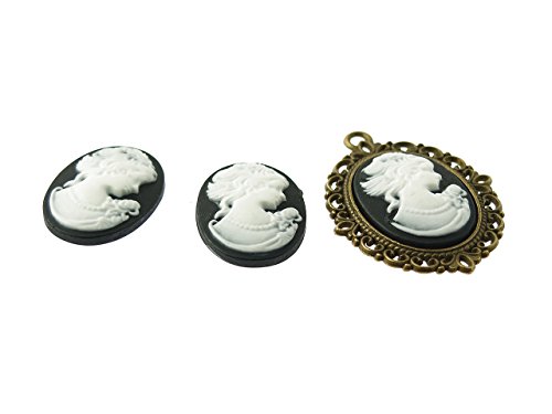 Vintageparts 3 Kameen in schwarz weiß, Gemme 25 x 18 mm, DIY-Schmuck von Vintageparts FACHHANDEL FÜR SCHMUCKZUBEHÖR