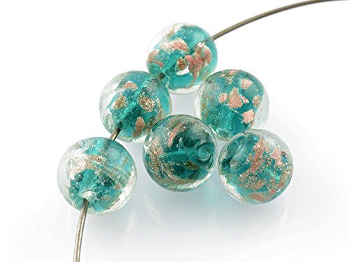 Vintageparts 6 Lampwork-Glasperlen in Petrol mit Rosèfolie, DIY-Schmuck von Vintageparts FACHHANDEL FÜR SCHMUCKZUBEHÖR