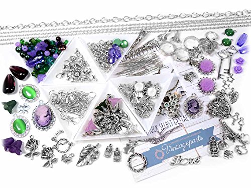 Vintageparts DIY Anfängerset Silberschmuck basteln und Perlenset Lila Grün, über 500 Teile für mehr als 40 Schmuckteile wie Ohrringe und Ketten von Vintageparts