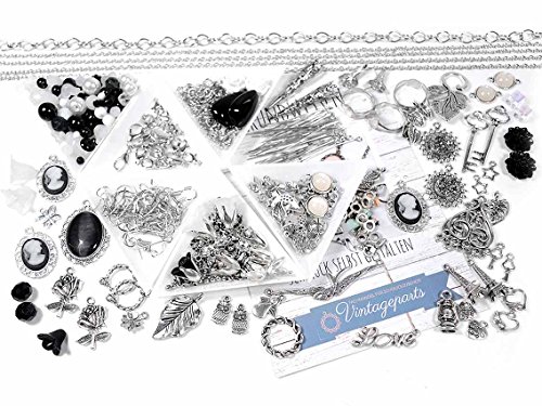 Vintageparts DIY Anfängerset Silberschmuck basteln und Perlenset schwarz weiß über 500 Teile für mehr als 40 Schmuckteile wie Ohrringe und Ketten von Vintageparts FACHHANDEL FÜR SCHMUCKZUBEHÖR