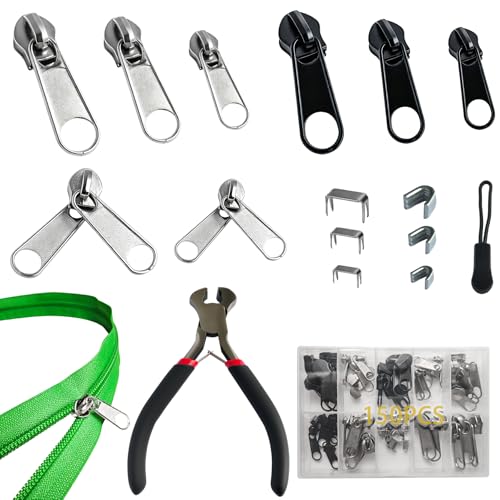 Vintrex 150-teiliges Reißverschluss-Reparatur-Set mit Ersatzschiebern, Metall-Reißverschluss-Zieh-Ersatz-Set mit Montagezange für Jacken, Mäntel, Zelte, Rucksäcke, Schlafsäcke und Gepäck von Vintrex