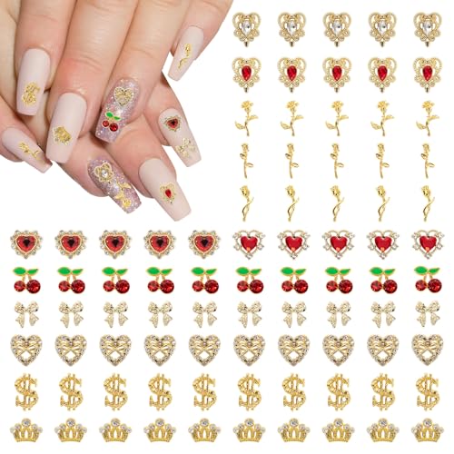85 Stück Nail Charms Gold,Herzen, Kirschen, Dollar, Rosen, Kronen Charms Nägel,3D Nagel Charms Y2K,Nail Art Dekorations (85) von Vinuwu