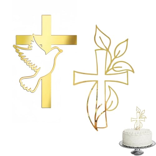 2 Stück Kreuz-Tortenaufsätze, Cupcake Dekorationen für Erstkommunion und Taufe, Acryl-Gold-Tortenaufsatz mit Taube und Blättern, Kuchendekoration für Taufe, Hochzeit (A) von Viojrlly
