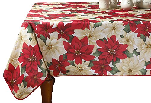 Violet Linen European Holiday Christmas Poinsettia Floral Design Printed Oblong/Rectangle Tablecloth, 60" x 102, Beige von Violet Linen