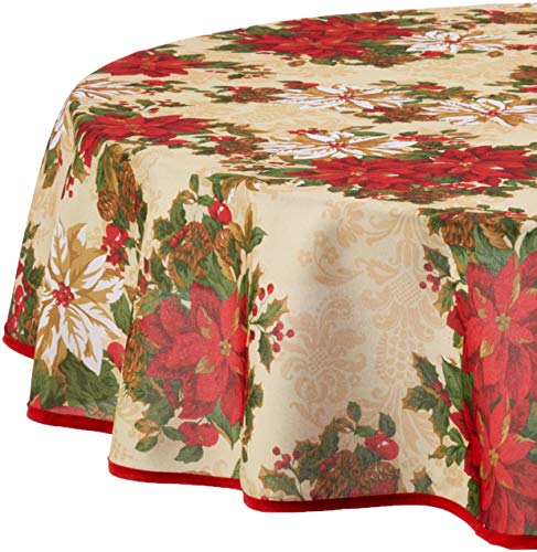 Violet Linen European Holiday Christmas Poinsettia Garden Design Tischdecke, Polyester, beige, 60 inch (Round) von Violet Linen