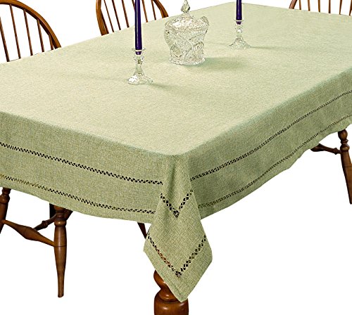 Violet Linen Hem Stitch Embroidered Vintage Design Rechteckige Tischdecke, Leinen, Mint, 140 x 68 inch (Oblong) von Violet Linen