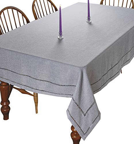 Violet Linen Saumstich Bestickt, Vintage-Design Rechteckige Tischdecke, Baumwolle und Polyester, grau, 120" x 68" (Rectangular) von Violet Linen
