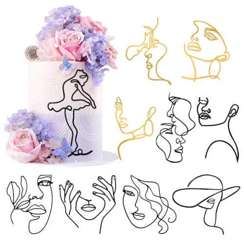 Violotoris 10 Stück personalisierter Tortenaufsatz mit Frauen-Gesichtslinienzeichnung, abstrakte 3D-Geburtstagskuchendekoration aus Acryl, für Hochzeit, Geburtstagsfeier (Schwarz, Gold) von Violotoris