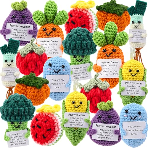 VioraWhite 18 Stück Obst Gemüse Positive Emotionale Puppen Bulk Ermutigung Emotional Gestrickt Häkeln Geschenke mit Positiver Karte für Freunde Kollegen Dekorationen für Schreibtisch Home Office von VioraWhite