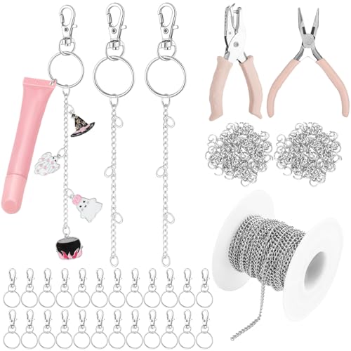 VioraWhite 227-teiliges Lipgloss-Schlüsselanhänger-Set, Großpackung mit 24 Schlüsselanhänger-Clips mit Karabinerverschlüssen, 200 Biegeringen, Kettenzange, Lochstanzer für DIY-Lipgloss-Bastelbedarf von VioraWhite