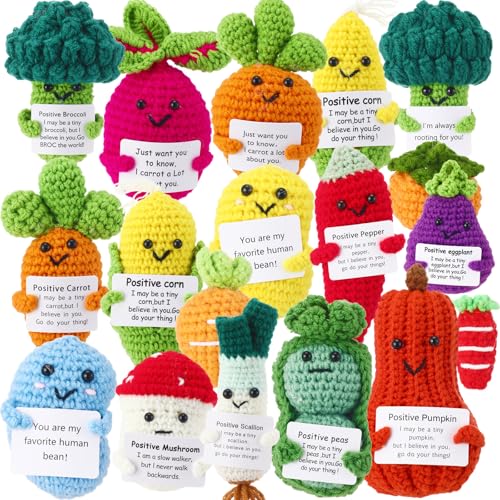 VioraWhite Emotionale Häkelkartoffel und positives Gemüse, handgefertigt, gehäkelt, gestrickte Tierpuppe mit positiver Karte (3 Puppen ohne Karten), für Kollegen, Ermutigung, Schreibtisch-Geschenke von VioraWhite