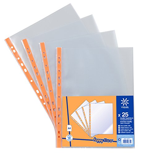 Viquel 109731 – 06 25 Stück Hüllen Kunststoffen perforiert/farblose A4 mit verstärktem Band, orange neon von Viquel