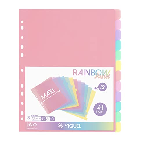 Viquel - 12 Stück Kunststoff Regenbogen Pastell Trennblätter - Maxi-Format (24,5 x 30,5 cm) - für A4 Maxi-Format oder Aktenordner - Pastellfarben von Viquel