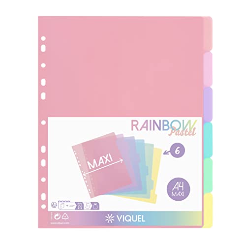 Viquel - Set mit 6 Registern aus Kunststoff Rainbow Pastel – Maxi-Format (24,5 x 30,5 cm) – für Ordner A4 Maxi Format oder Aktenordner – Pastellfarben von Viquel