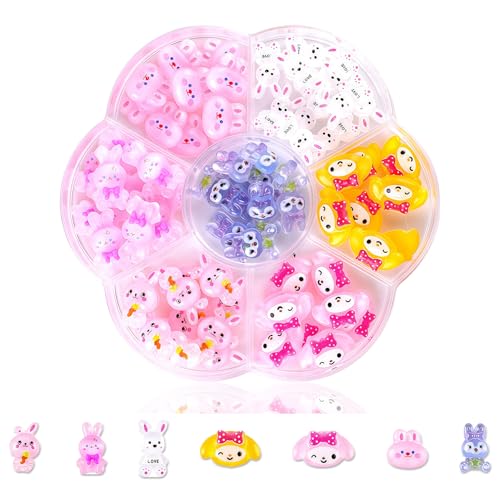 70 PCS 3D Cartoon Nägel Charms - Cute Hase Nail Art Charms - Hochwertiges Zeichentrick-Tier Nagelstecker Schmucksteine - Bunt Nagel Schmuck Für Frauen Mädchen DIY-Dekoration (Pink Yellow Purple 006) von Virellay