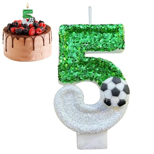 Virtcooy Funkelnde Fußball-Geburtstagskerze mit Pailletten | Grüne Fußball-Geburtstagskerzen mit glänzenden Pailletten, Zahlenkerzen, Fußball-Kuchenaufsatz, grüne Fußball-Kuchenkerzen von Virtcooy