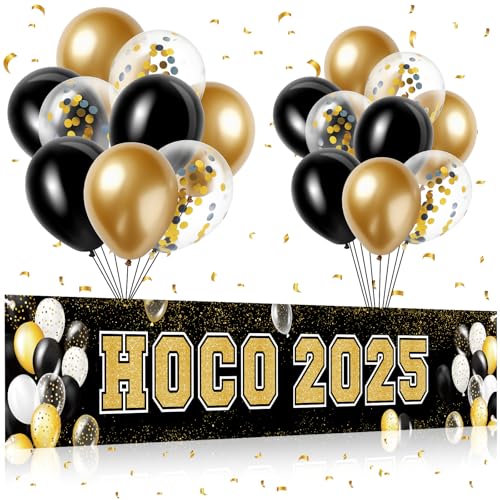 VitalCozy HOCO 2025 Banner Luftballons Set HOCO Banner Dekoration Kit Schwarz Gold Homecoming Yard Schild Party Hintergrund für Klasse 2025 Dekor von VitalCozy