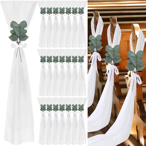 VitalCozy Stuhl-Schärpen für Hochzeitsgänge, Chiffon, Weiß, mit Bändern und künstlichen Eukalyptus-Stielen, für Hochzeitszeremonie, Kirchenstuhl, Bank, Kirche, Gangdekoration, 48 Stück VitalCozy Stuhl-Schärpen für Hochzeitsgänge, Chiffon, Weiß, mit Bändern und künstlichen Eukalyptus-Stielen, für Hochzeitszeremonie, Kirchenstuhl, Bank, Kirche, Gangdekoration, 48 Stück von VitalCozy