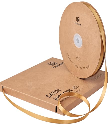 Vitalizart 0,95cm x 91 m Gold Satinband, Doppelseitige Geschenkband für Geschenkverpackungen & Basteln, Seidiges Bänder für Blumenstrauß & Dekoration, Dünnes Satinband mit Aufbewahrungsbox von Vitalizart