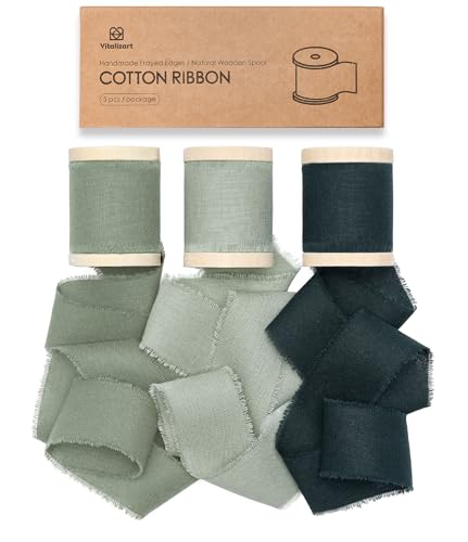 Vitalizart Baumwollband 3,8 cm x 13,7 m Grüne Serie, Handgefertigte Ausgefranste Fransen Stoffbänder für Geschenkverpackungen, Hochzeit Einladungen, Brautsträuße, Weihnachten Dekorationen von Vitalizart
