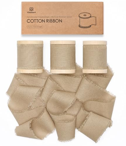 Vitalizart Baumwollband 3,8 cm x 13,7 m Khaki, Handgefertigte Ausgefranste Fransen Stoffbänder für Geschenkverpackungen, Hochzeit Einladungen, Brautsträuße, Weihnachten Dekorationen von Vitalizart
