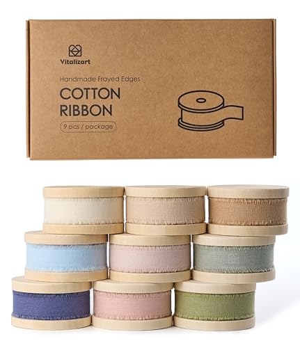 Vitalizart Baumwollband 9 Farben 1,6 cm x 57,6 m (9 Rollen*6,4 m), Handgefertigte Fransen Naturstoff Bänder für Hochzeit Einladungen Brautsträuße Geschenkverpackung Urlaub Dekoration von Vitalizart