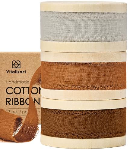 Vitalizart Baumwollband Grau & Braun 1,6 cm x 19,2 m (3 Rollen*6,4 m), Handgefertigte Fransen Naturstoff Bänder für Hochzeit Einladungen Brautsträuße Geschenkverpackung Urlaub Dekoration von Vitalizart