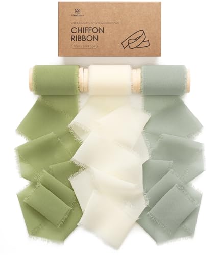 Vitalizart Chiffonband Grün & Creme 5 cm x 13,7 m, Breites Geschenkband Handgemachte Ausgefranste Kanten Fransen für Hochzeitseinladungen, Brautsträuße, Geschenkverpackungen, Festdekoration von Vitalizart