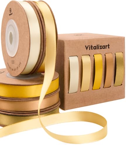 Vitalizart Gold Serie Satinband für Handwerk 0,95 cm x 45,7 m (5 Rollen * 9,14 m), Doppelseitige Stoffband für Geschenkverpackungen, Schleifen Machen, Brautstrauß, Dekoration von Vitalizart
