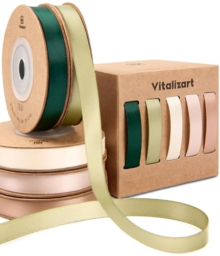 Vitalizart Grün & Rosa Serie Stoffband für Handwerk 0,95 cm x 45,7 m (5 Rollen * 9,14 m), Doppelseitige Satinband für Geschenkverpackungen, Schleifen Machen, Brautstrauß, Dekoration von Vitalizart