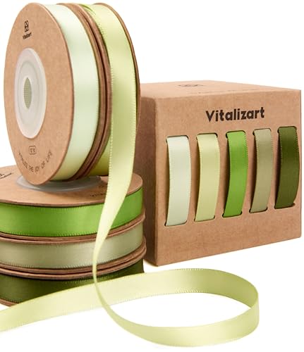 Vitalizart Grüne Serie Stoffband für Handwerk 0,95 cm x 45,7 m (5 Rollen * 9,14 m), Doppelseitige Satinband für Geschenkverpackungen, Schleifen Machen, Brautstrauß, Dekoration von Vitalizart
