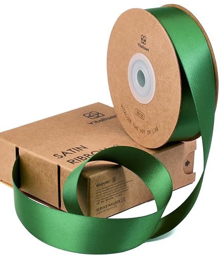 Vitalizart Grünes Satinband 2,5cm*22,8m für Geschenkverpackungen, Doppelseitiges Polyester Geschenkband, Dicke Stoffbänder für Bastelarbeiten, Dekorationen, Weihnachtskränze & Haarschleifen von Vitalizart