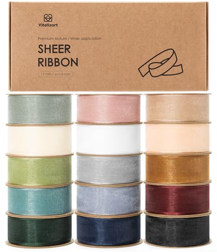 Vitalizart Organzaband Gemischt 15 Farben 2,5 cm x 137,2 m, Farbband zum Basteln, Schleifenband Breit, Geschenkband für Geschenkverpackungen, Weihnachtsbaum, Hochzeitseinladungen von Vitalizart