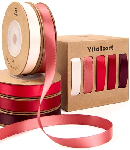 Vitalizart Rote Serie Stoffband für Handwerk 0,95 cm x 45,7 m (5 Rollen * 9,14 m), Doppelseitige Satinband für Geschenkverpackungen, Schleifen Machen, Brautstrauß, Dekoration von Vitalizart