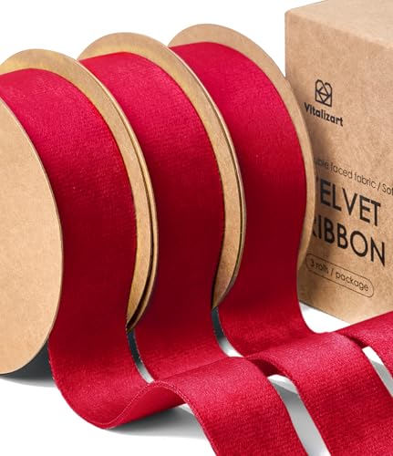 Vitalizart Rotes Samtband Set 2,5 cm x 13,7 m, Doppelseitiges Burgunderrotes Samtband für Geschenkverpackungen, Weihnachtsschmuck, Kranzdekoration, Bögen machen, handgemachte Kunsthandwerk Vitalizart Rotes Samtband Set 2,5 cm x 13,7 m, Doppelseitiges Burgunderrotes Samtband für Geschenkverpackungen, Weihnachtsschmuck, Kranzdekoration, Bögen machen, handgemachte Kunsthandwerk von Vitalizart