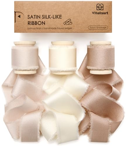 Vitalizart Satin Schleifenband Champagner & Creme & Nude 2,5 cm x 13,7 m Hölzerne Spule, Handgefertigtes Ausgefranstes Geschenkband für Geschenk Verpacken Hochzeit Brautsträuße Urlaub Dekor von Vitalizart